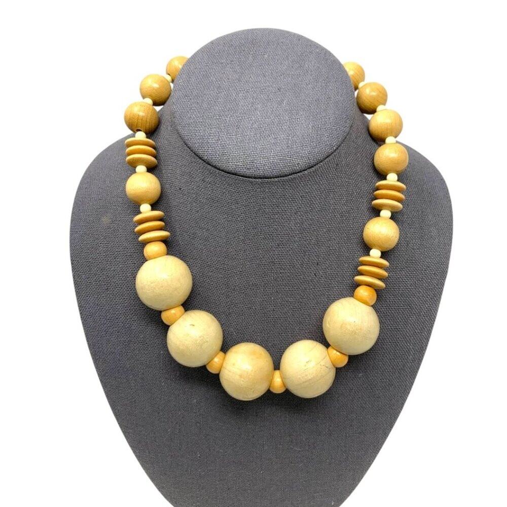 Vintage Natural Wooden Beaded Necklace Tan